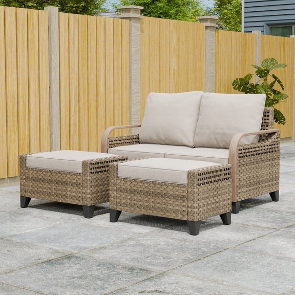 INTER HUT Modern Wicker Patio Furniture Set, Rattan Outdoor Conversation Set with Comfortable Cushions, 1 loveseat sofa and 2 Ottomans, Brown/Beige
