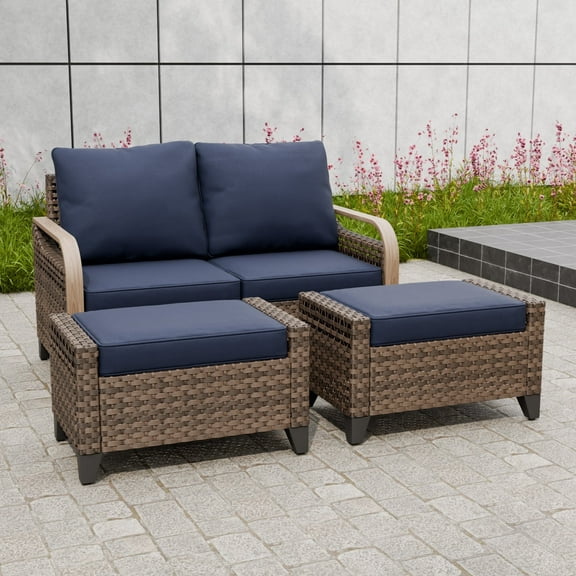 INTER HUT Modern Wicker Patio Furniture Set, Rattan Outdoor Conversation Set with Comfortable Cushions, 1 loveseat sofa and 2 Ottomans, Brown/Blue