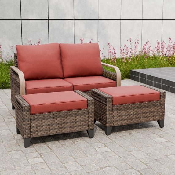 INTER HUT Modern Wicker Patio Furniture Set, Rattan Outdoor Conversation Set with Comfortable Cushions, 1 loveseat sofa and 2 Ottomans, Brown/Red