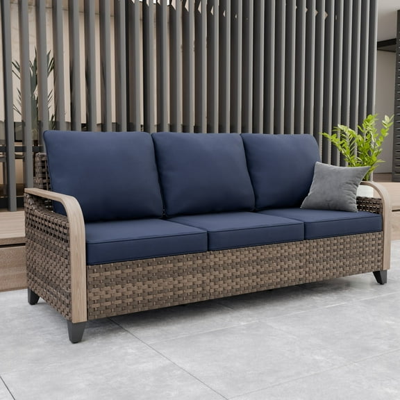 INTER HUT Modern Wicker Patio Sofa, Rattan Outdoor Couch Sofa, 3 Seat Couch, Brown/Blue