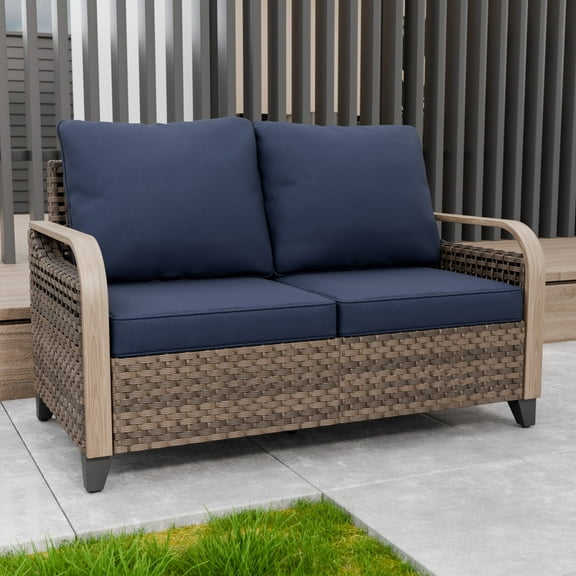 INTER HUT Modern Wicker Patio Sofa, Rattan Outdoor Loveseat Sofa, 2 Seat Loveseat, Brown/Blue