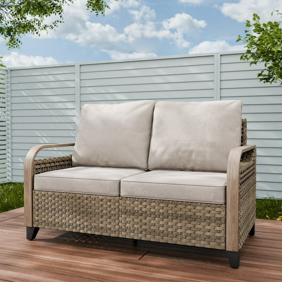 INTER HUT Modern Wicker Patio Sofa, Rattan Outdoor Loveseat Sofa, 2 Seat Loveseat, Brown/Gray