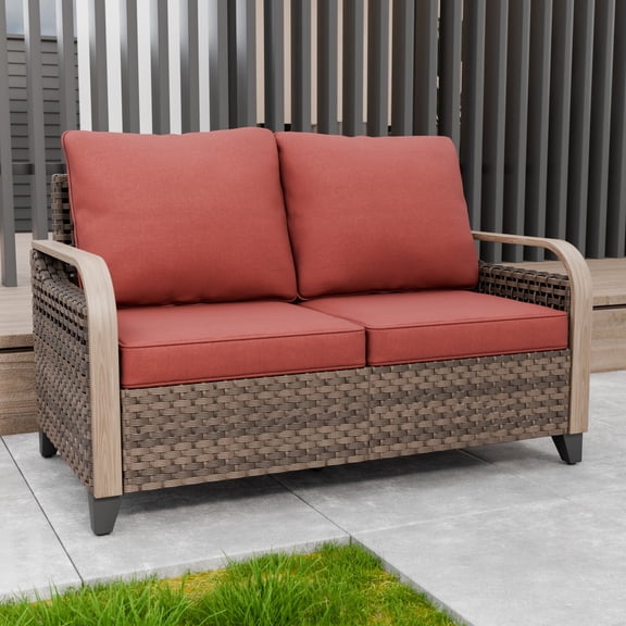 INTER HUT Modern Wicker Patio Sofa, Rattan Outdoor Loveseat Sofa, 2 Seat Loveseat, Brown/Red