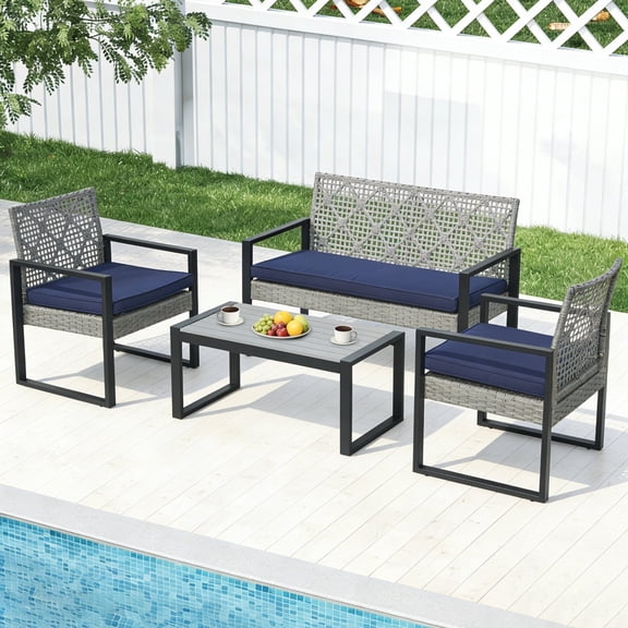 INTER HUT Outdoor PE Rattan Furniture Set with 4-Piece with 2 Patio Chairs, 1 loveseat, 1Acacia Wood Table, Light Gray/Blue