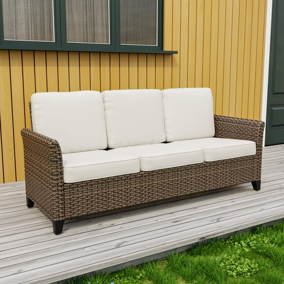 INTER HUT Canyon Ridge Outdoor Rattan Patio PE Wicker 3 seater Couch Deep Seating Furniture with Cushions, for Porch, Backyard, Deck, Poolside, Garden, Beige