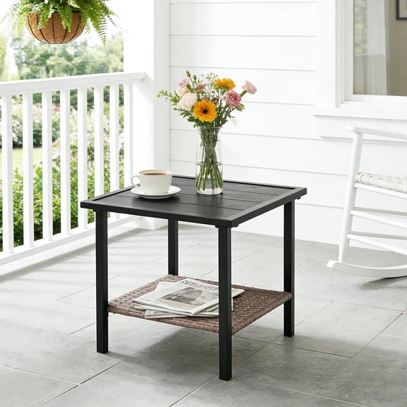 INTER HUT Outdoor Side Table, 18.1-Inch Small Patio Side Table with Wicker Storage, All-Weather End Table for Porch Deck Balcony Pool, Black