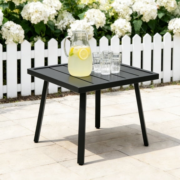 INTER HUT Outdoor Square Patio Metal Side Table, Modern End Table with Slatted Tabletop, Easy Maintenance and Weather Resistant, Black