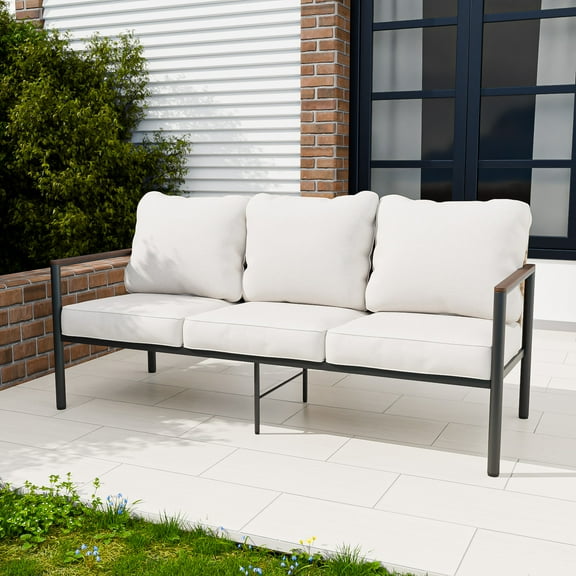 INTER HUT Outdoor Wicker 3-seater Sofa Couch, Patio Steel Framed Wicker Chair, Rattan Sofa with Cushions for Balcony, Garden, Yard, Beige