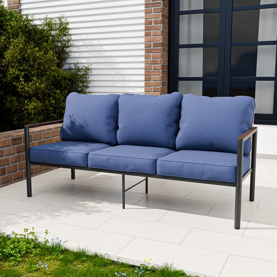 INTER HUT Outdoor Wicker 3-seater Sofa Couch, Patio Steel Framed Wicker Chair, Rattan Sofa with Cushions for Balcony, Garden, Yard, Blue