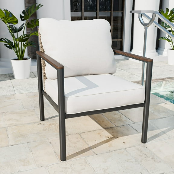 INTER HUT Outdoor Wicker Patio Club Chair, Steel Framed Wicker Chair, Rattan Sofa with Cushions for Balcony, Garden, Yard, Beige