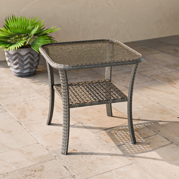 INTER HUT Outdoor Woven Rattan Coffee Table with Tempered Glass, 2-Tier Storage Wicker Side Table, Stonewash Gray