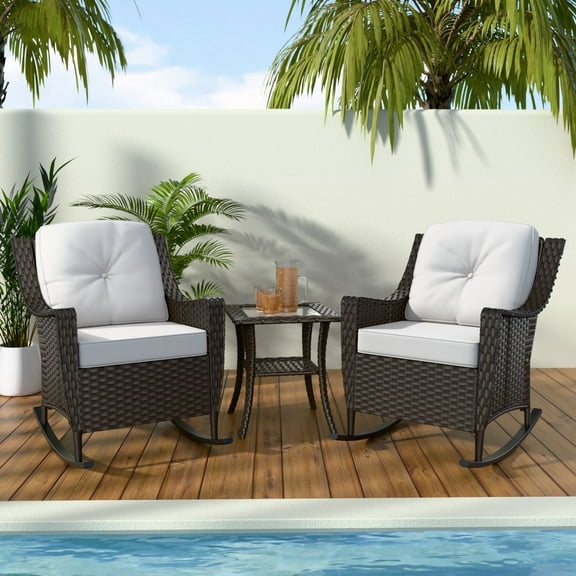 INTER HUT Stone Creek Outdoor Rocking Chair Wicker Bistro Set w/Cushions & Table, Beige