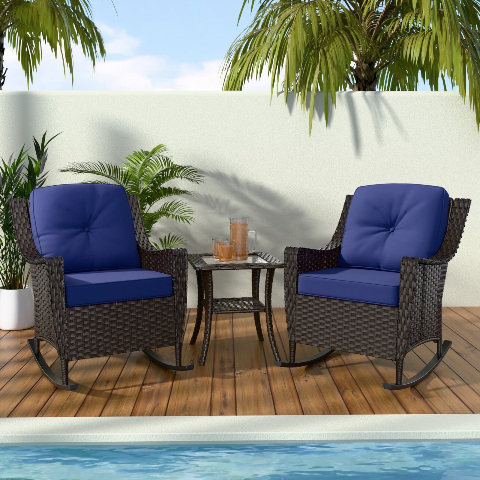 Azure Bay 3-Piece Brown Steel Wicker Outdoor Bistro Set with Blue Cushions