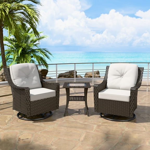 INTER HUT Stone Creek Patio 3 Piece Wicker Swivel Chair Set, Beige Cushions