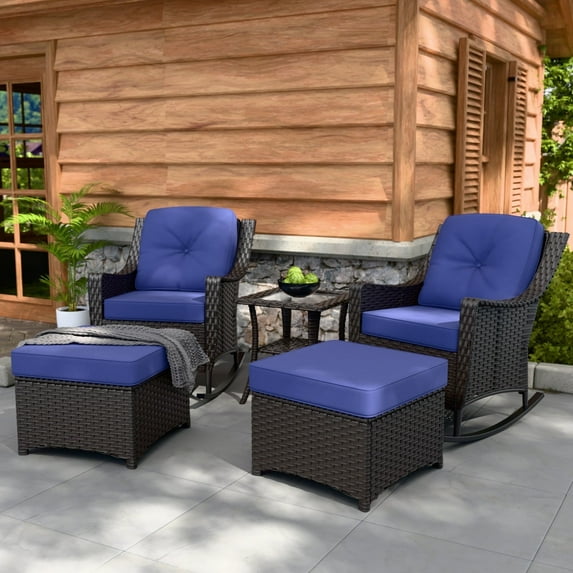 INTER HUT Stone Creek Patio Outdoor 5 Piece Wicker Conversation Rocking Chairs Set, Ottomans,Side Table, Blue Cushions