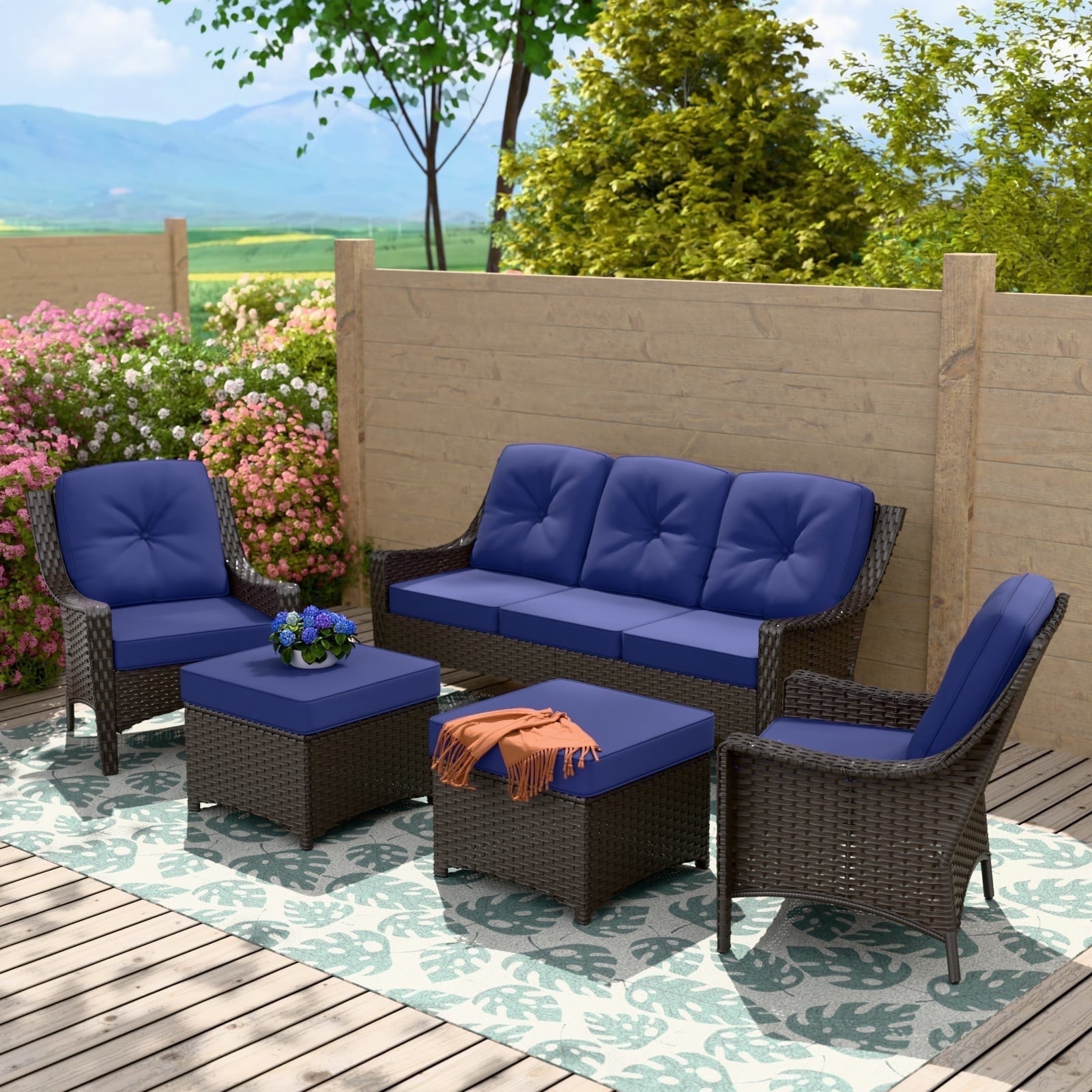 5-Piece Brown Wicker Patio Set with Blue Cushions