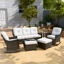 INTER HUT Stone Creek Patio Outdoor 6 Piece Wicker Rocking Chair Set, 3-seat sofa, Ottomans, Side Table, Beige Cushions