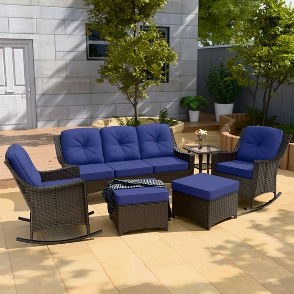 INTER HUT Stone Creek Patio Outdoor 6 Piece Wicker Rocking Chair Set, 3-seat sofa, Ottomans, Side Table, Blue Cushions