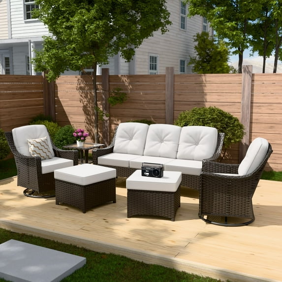 INTER HUT Stone Creek Patio Outdoor 6 Piece Wicker Swivel Chair Set, 3-seat sofa, Ottomans, Side Table, Beige Cushions