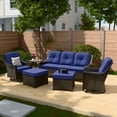 thumbnail image 1 of INTER HUT Stone Creek Patio Outdoor 6 Piece Wicker Swivel Chair Set, 3-seat sofa, Ottomans, Side Table, Blue Cushions, 1 of 9