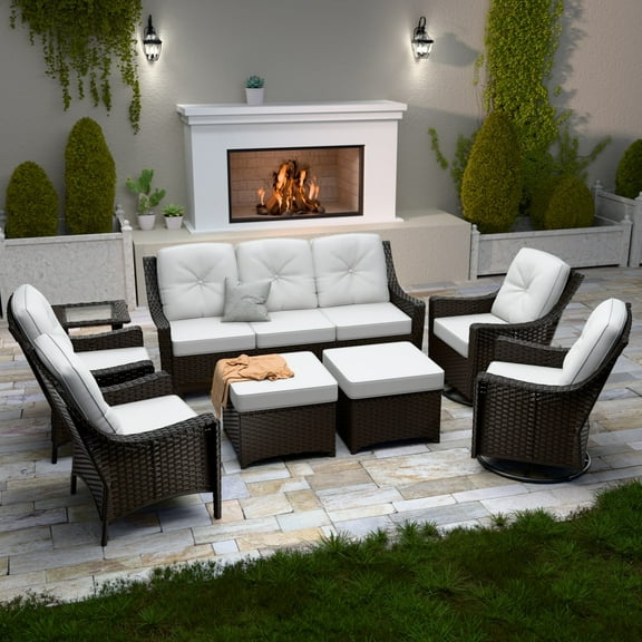INTER HUT Stone Creek Patio Outdoor 8 Piece Wicker Swivel Chair Set, 3-seat sofa, Single Chair, Side Table, Ottomans, Beige Cushions