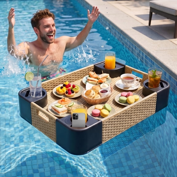 INTER HUT Rectangular Floating Tray with 4 Cup Holders & Handles, Wicker Floating Serving Tray for Pool & Hot Tub, Light Brown
