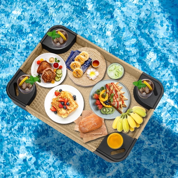 INTER HUT Rectangular Floating Tray with 4 Cup Holders & Handles, Wicker Floating Serving Tray for Pool & Hot Tub,&nbsp;Light Brown