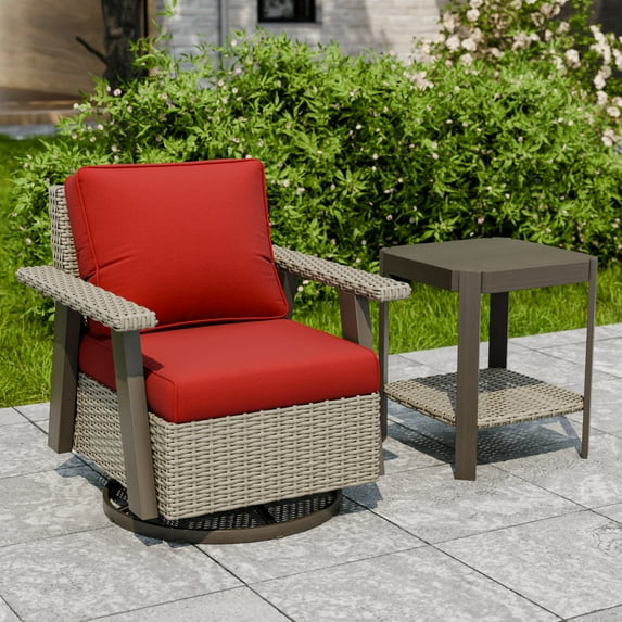 INTER HUT Serenity Retreat 2 PCS PE Wicker Outdoor Furniture Set, Patio Swivel Rocker Chair & Side Table, Beige/Red