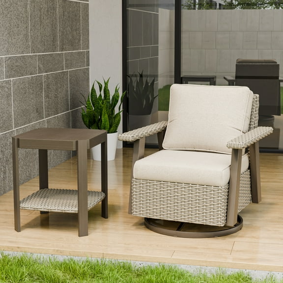 INTER HUT Serenity Retreat 2 PCS PE Wicker Outdoor Furniture Set, Patio Swivel Rocker Chair & Side Table, Beige
