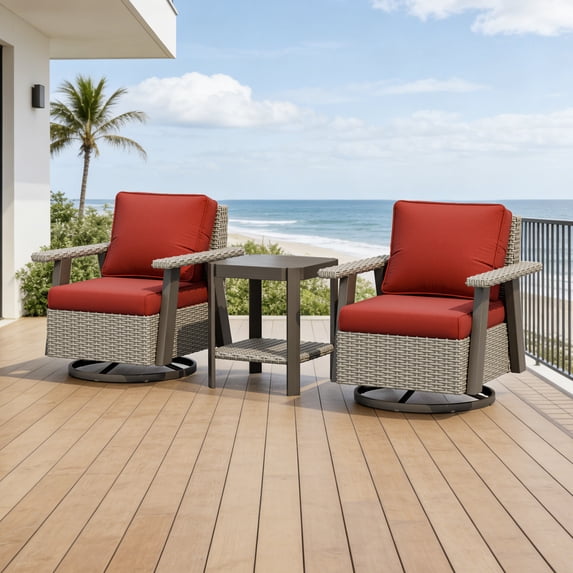 INTER HUT Serenity Retreat 3 PCS PE Wicker Outdoor Furniture Set, 2 Patio Swivel Rocker Chairs & Side Table, Beige/Red