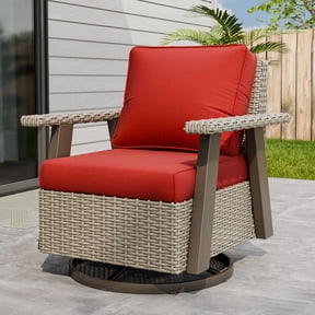 INTER HUT Serenity Retreat 360° Swivel Rocker Patio Chair, Outdoor Rattan Swivel Chair with Cushions, Beige/Red