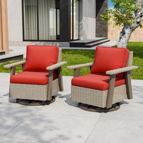 INTER HUT Serenity Retreat 360° Swivel Rocker Patio Chair, Outdoor Rattan Swivel Chair with Cushions, Set of 2, Beige/Red