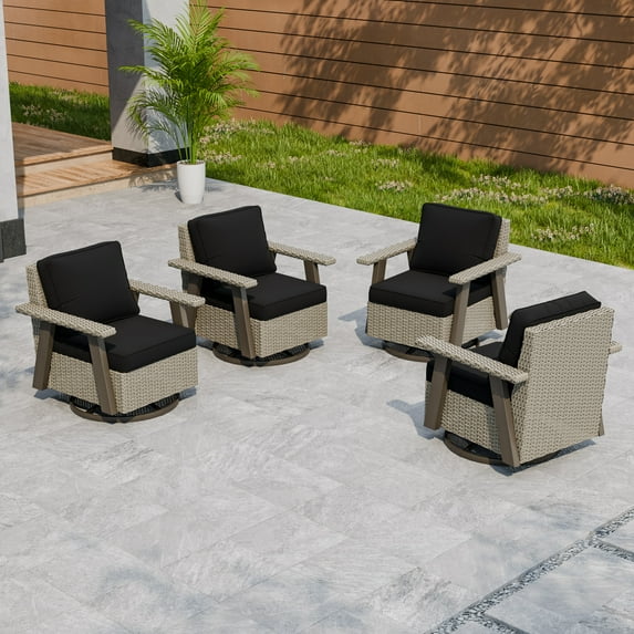 INTER HUT Serenity Retreat 360° Swivel Rocker Patio Chair, Outdoor Rattan Swivel Chair with Cushions, Set of 4, Beige/Black