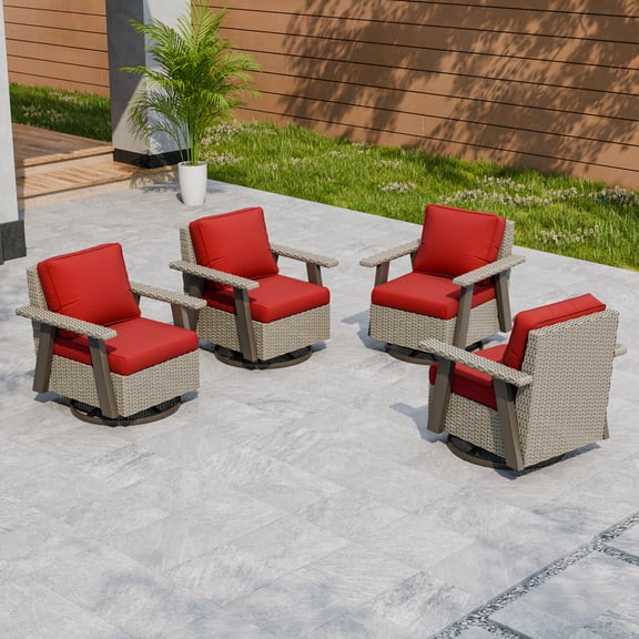 INTER HUT Serenity Retreat 360° Swivel Rocker Patio Chair, Outdoor Rattan Swivel Chair with Cushions, Set of 4, Beige/Red