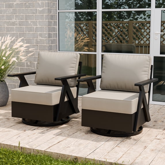 INTER HUT Urban Anvil 2 Pieces Metal Accent Outdoor Swivel Rocking Chairs, Black/Beige