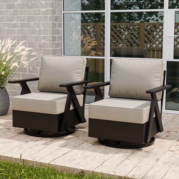 INTER HUT Urban Anvil 2 Pieces Metal Accent Outdoor Swivel Rocking Chairs, Black/Beige