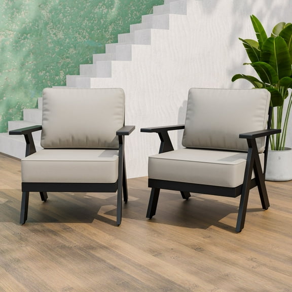 INTER HUT Urban Anvil 2 Pieces Patio Furniture Outdoor Metal Armchairs, All-Weather Patio Accent Chairs with Cushions, Black/Beige