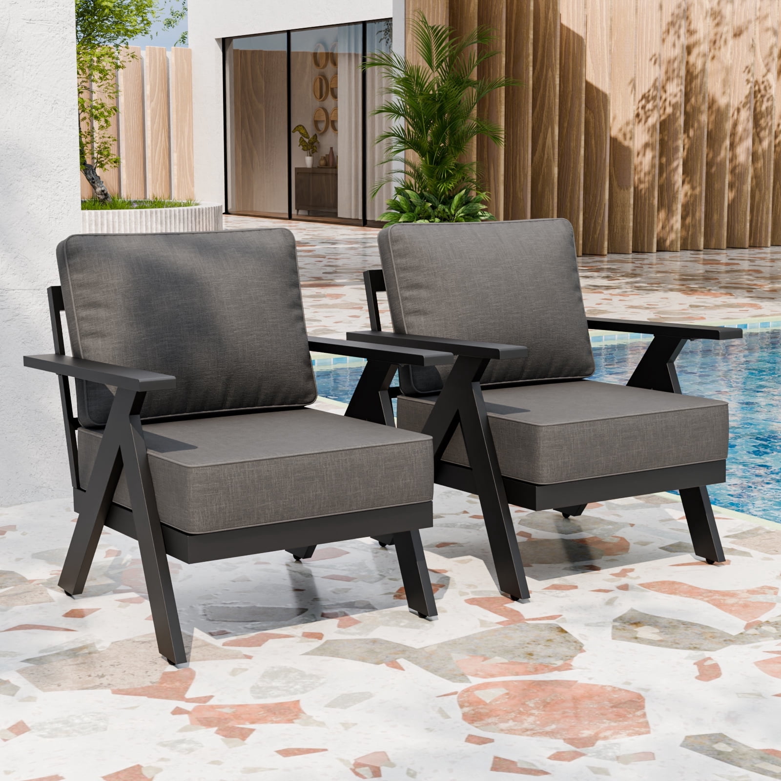 INTER HUT Urban Anvil 2 Pieces Patio Furniture Outdoor Metal Armchairs, All-Weather Patio Accent Chairs with Cushions, Black/Gray
