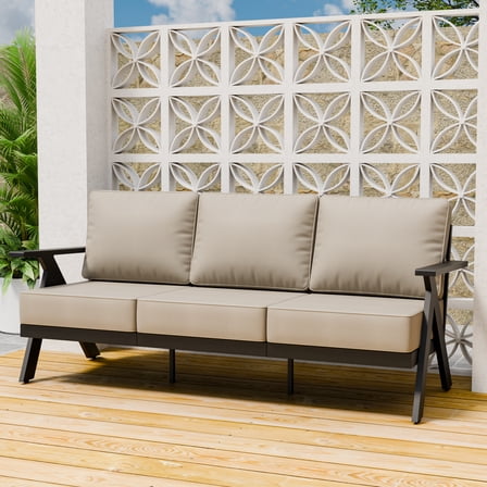 INTER HUT Urban Anvil 3-Seater Metal Sofa Couch, Outdoor Patio Sofa, Black/Beige