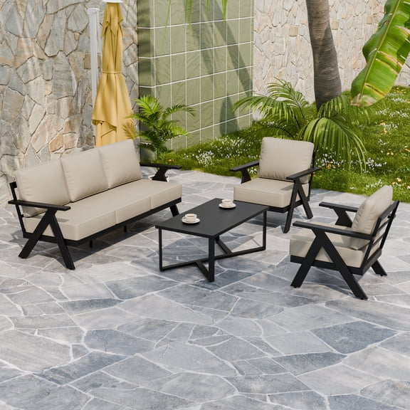 INTER HUT Urban Anvil 4 PCS Metal Patio Furniture Set, 2 Patio Chairs Couch Coffee Table, Black/Beige
