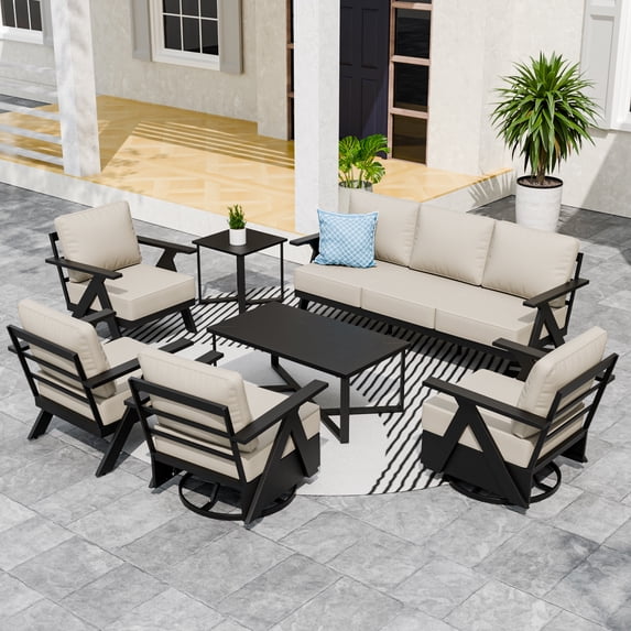 INTER HUT Urban Anvil 7 PCS Metal Patio Conservation Set, 2 Patio Chairs 2 Swivel Rockers Couch Coffee Table Side Table, Black/Beige