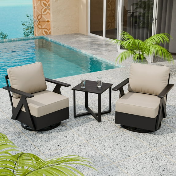 INTER HUT Urban Anvil Metal 3 PCS Outdoor Bistro Set, Bistro Table and Swivel Chairs Set for 2, Black/Beige
