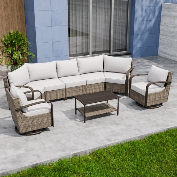 INTER HUT Vista Oasis 7-Person Brown Wicker Outdoor Seating Group Patio Swivel Chair Set with Beige Cushion for Deck Porch Garden Backyard