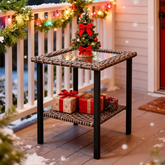INTER HUT Canyon Ridge Wicker Side Table, Outdoor Side Table with All-Weather Wicker Shelf and Glass Top