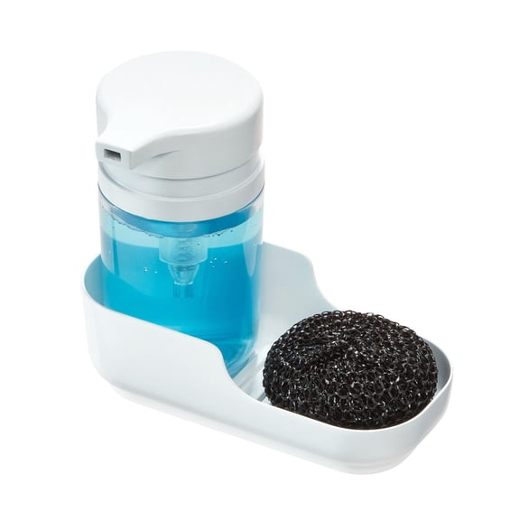iDesign Plastic Kitchen Sink Caddy Sponge Holder with Soap Dispenser - White/Clear