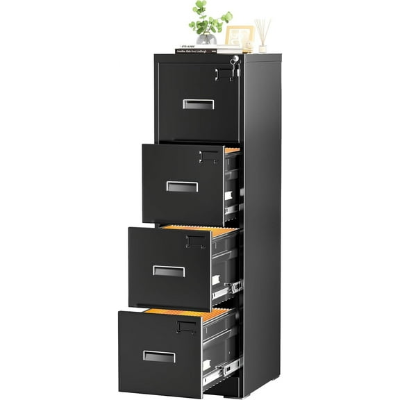 INTERGREAT 4 Drawers File Cabinet with Lock, 18" D Metal Black Vertical Filing Cabinet for Hanging Folders, Easy Assemble