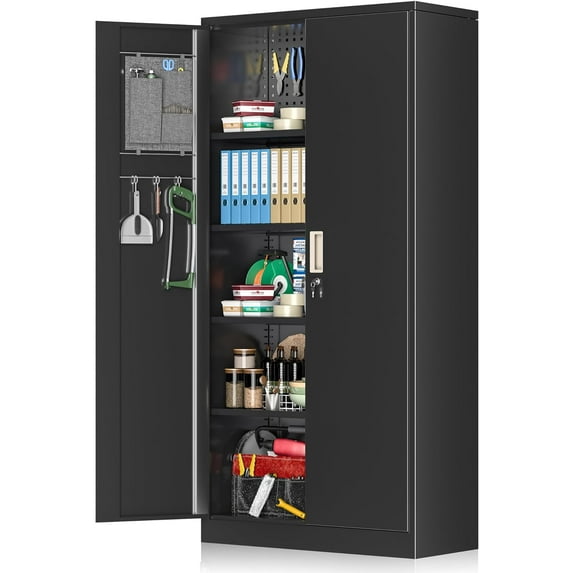 INTERGREAT 5-Tier Metal Garage Cabinet with Locking Door, Tall Muti-Functional Lockable Storage Cabinet with Lock and Pegboard, Grey Steel Tool Cabinets with 4 Adjustable Shelves