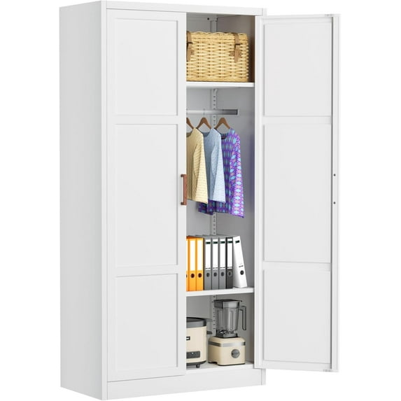 INTERGREAT 71” H Metal Wardrobe Cabinets with 2 Doors, Large Clothing Storage Cabinets with Hanging Rod and Adjustable Shelves, Closet for Home Living/Laundry Room/Department (White)