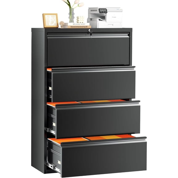 INTERGREAT File Cabinet 4 Drawers, Black Metal Lateral Filing Cabinet for Home Office, Locking Horizontal for Hanging Files Letter/Legal/F4/A4