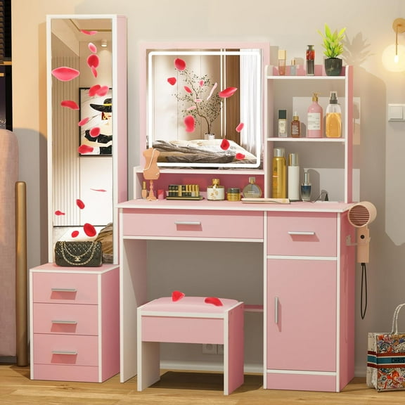 INTERGREAT Light Pink Makeup Vanity Desk with Lights and Full-Length Mirror,Pink Vanity Set with Power Outlet,Dressing Table with 6 Drawers,Large Vanity Desk for Women and Girls' Bedroom